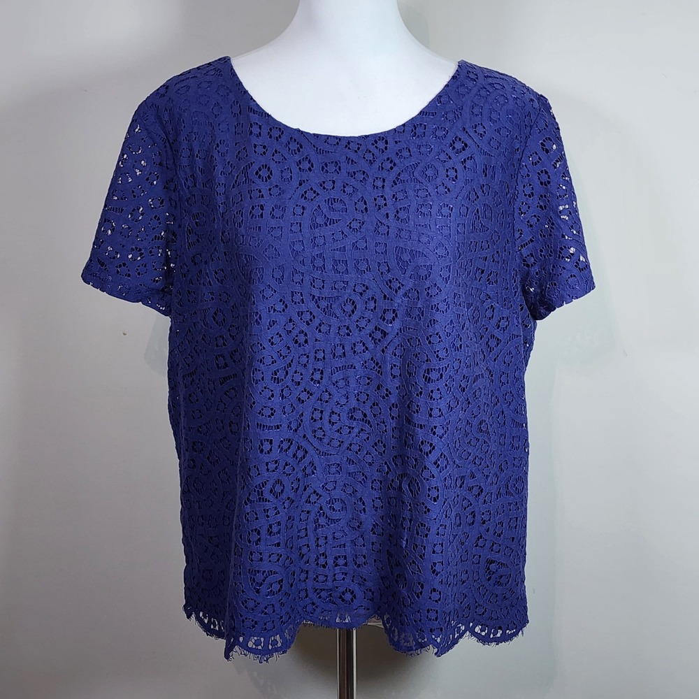 J Crew Eyelet Lace Short Sleeve Top 14 Blue Floral Blouse Prairie Cottage Office